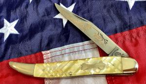 Fightn Rooster Large 5 Arkansas Toothpick w Checkered Imitation Pearl Handles -NOS