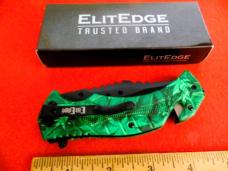 ELITEDGE TRUSTED BRAND GREEN JUNGLE FOLAGE SPRING ASSIST KNIFE IN BOX UNUSED FROM STORAGE 