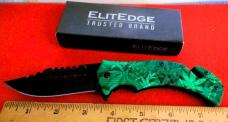ELITEDGE TRUSTED BRAND GREEN JUNGLE FOLAGE SPRING ASSIST KNIFE IN BOX UNUSED FROM STORAGE 