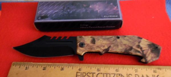 ELITEDGE TRUSTED BRAND 4-1/2" CAMO SPRING ASSIST RESCUE KNIFE IN BOX UNUSED  