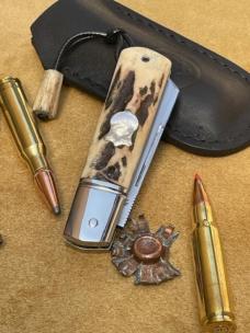 VINCENZO BALISTRERI CUSTOM STAG RWL 34 STAG MINI WHITE WOLF PEARL SHIELD KNIFE