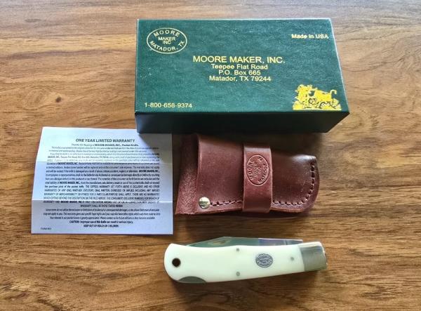 Moore Maker #5106LB “Mountain Man” White Bone Lockback Knife – NIB with Sheath