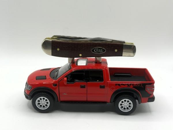 CASE XX 2025 DARK RED BURLAP ICARTA SMOOTH MINI TRAPPER WITH DIE CAST FORD RAPTOR DISPLAY TRUCK