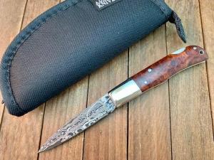 AG Russell Lock Back Damascus San Mai Quince Burl Wood Seki Japan
