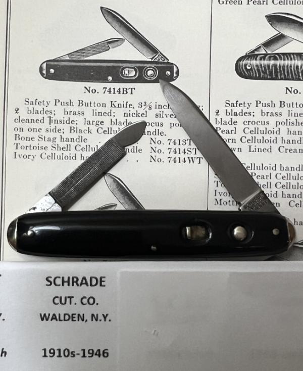SCHRADE CUT CO WALDEN NY SAFETY PUSH BUTTON POCKET KNIFE - 3 3/8" CLOSED 
