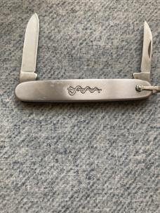 Vintage IMPERIAL, STAINLESS U.S.A., Rod of Asclepius, Engraved Lilly Handles, Fob Pen Knife - MINT