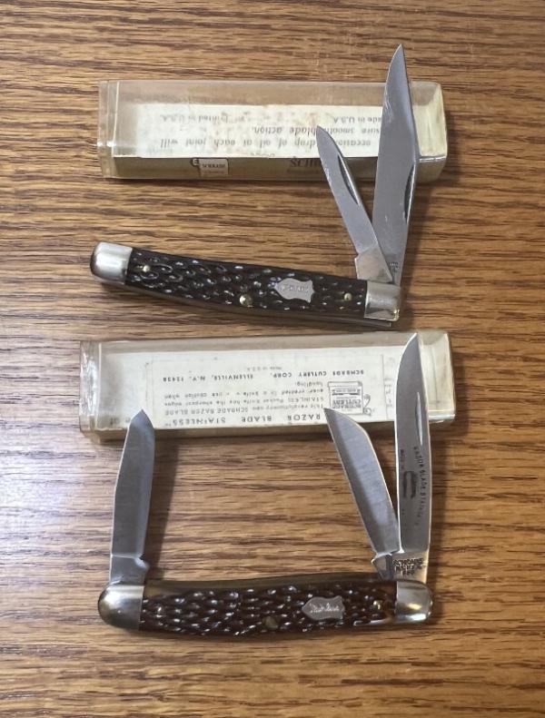 2 VINTAGE '74-'79 SCHRADE NY USA 233 & 855 POCKET KNIVES & VIEW TUBE BOXS - MAKE OFFER