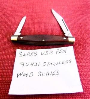 VINTAGE 2-5/8" PEN KNIFE SEARS USA 85421 WOOD SCALES BRASS LINER NICE PRE OWNED
