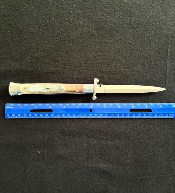 Frank B 11 inch Swing Guard Automatic Knife with Beautiful Blond Horn Scales Dagger Blade Frank B 11 inch Swing Guard Automatic Knife with Beautiful Blond Horn Scales Dagger Blade