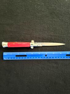 9 inch Italian Automatic Knife with Red Pearl Acrylic Scales & Bayonet Style Blade