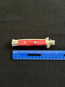 9 inch Italian Automatic Knife with Red Pearl Acrylic Scales & Bayonet Style Blade