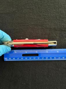 9 inch Italian Automatic Knife with Red Pearl Acrylic Scales & Bayonet Style Blade
