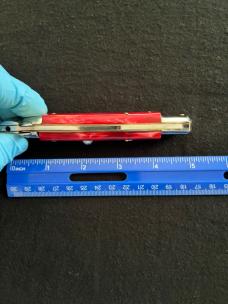 9 inch Italian Automatic Knife with Red Pearl Acrylic Scales & Bayonet Style Blade