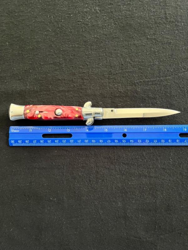 9 inch AKC Italy Automatic Knife with Dark Red Pearl Acrylic Scales & Bayonet Style Blade 9 inch AKC Italy Automatic Knife with Dark Red Pearl Acrylic Scales & Bayonet Style Blade