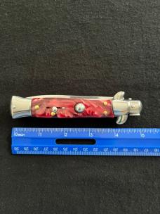 9 inch AKC Italy Automatic Knife with Dark Red Pearl Acrylic Scales & Bayonet Style Blade