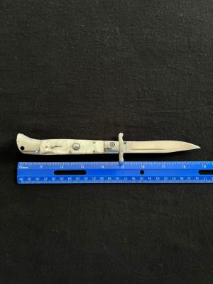 White Swirl Pearlite Lock-back 11 inch Swing Guard Automatic Knife
