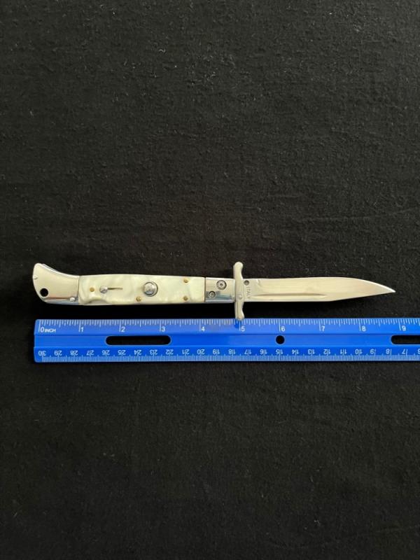 White Swirl Pearlite Lock-back 11 inch Swing Guard Automatic Knife