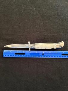 White Swirl Pearlite Lock-back 11 inch Swing Guard Automatic Knife