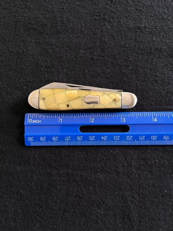 Vintage IKCo Swell End Jack Knife with Beautiful Mosaic Celluloid Scales Vintage IKCo Swell End Jack Knife with Beautiful Mosaic Celluloid Scales