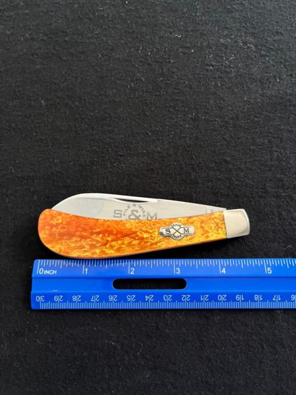 Schatt and Morgan Fire & Wire Tested Saddle Horn Jack  Knife with Gold Swirl Acrylic Scales