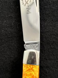 Schatt and Morgan Fire & Wire Tested Saddle Horn Jack  Knife with Gold Swirl Acrylic Scales