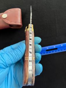 Lever Lock Automatic Knife w/ Red Bone Scales and Damascus Blade/File Work/Leather Sheath