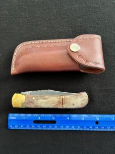 Lever Lock Automatic Knife w/ Red Bone Scales and Damascus Blade/File Work/Leather Sheath