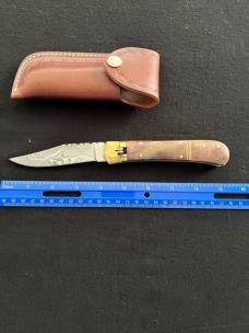 Lever Lock Automatic Knife w/ Red Bone Scales and Damascus Blade/File Work/Leather Sheath