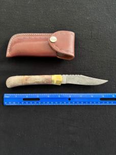 Lever Lock Automatic Knife w/ Red Bone Scales and Damascus Blade/File Work/Leather Sheath