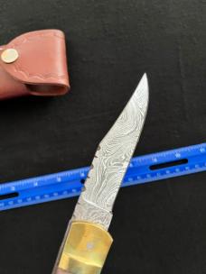 Lever Lock Automatic Knife w/ Red Bone Scales and Damascus Blade/File Work/Leather Sheath