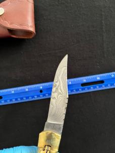 Lever Lock Automatic Knife w/ Red Bone Scales and Damascus Blade/File Work/Leather Sheath