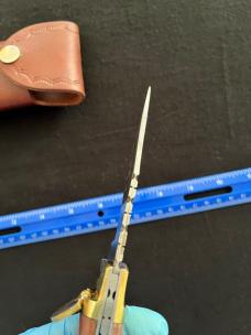 Lever Lock Automatic Knife w/ Red Bone Scales and Damascus Blade/File Work/Leather Sheath