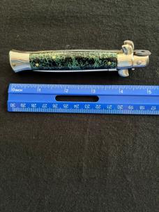 9 inch AB Armando Beltrame Stiletto Automatic Knife with Green & Black Mosaic  Scales & Dagger Blade