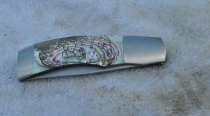 Ron Gaston Folder 3 3/4" Closed 1/2 Stop Abalone Insert SS Frame ATS 34 Blade Mint Tight Solid