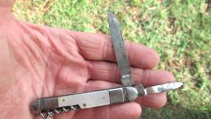 VTG F K Solingen Bartenders Knife w/ Corkscrew (bent)  MOP Mother of Pearl