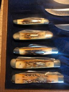 CASE XX Stag Blue Scroll Knife 11 Knives 1977 Wood Collector Box