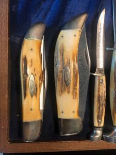 CASE XX Stag Blue Scroll Knife 11 Knives 1977 Wood Collector Box