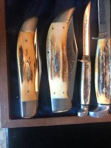 CASE XX Stag Blue Scroll Knife 11 Knives 1977 Wood Collector Box