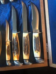 CASE XX Stag Blue Scroll Knife 11 Knives 1977 Wood Collector Box