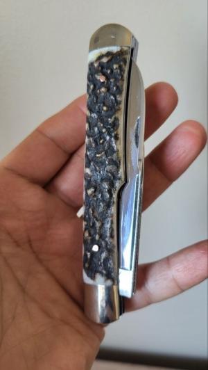 4 34quot Custom Handmade 2-Blade Gunstock Knife with Premium Stag Filework