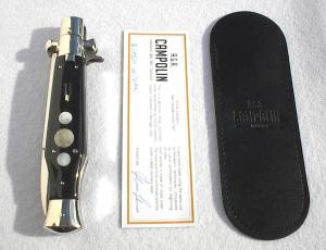 NEW AGA CAMPOILN 11" ( BLACK WIDOW ) BLACK HORN WITH MOTHER OF PEARL INLAYS 5MM BLADE MANIAGO ITALY