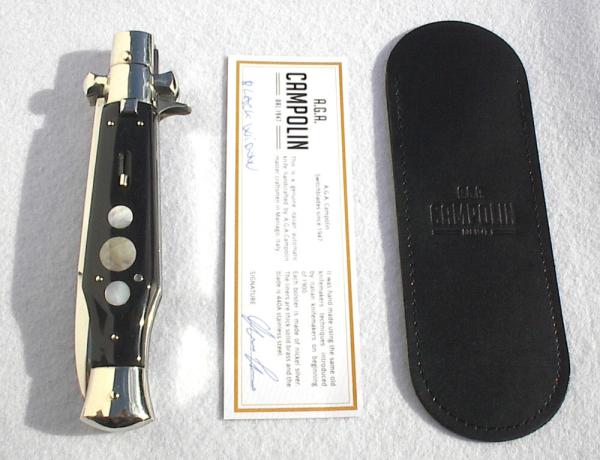 NEW AGA CAMPOILN 11" ( BLACK WIDOW ) BLACK HORN WITH MOTHER OF PEARL INLAYS 5MM BLADE MANIAGO ITALY