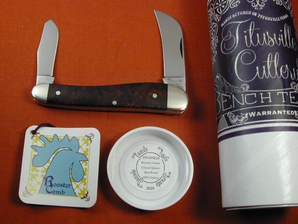 Titusville Cutlery Chinese Quince Burl Wood Rooster Comb Farmer Knife Rare 1 of 10 COA USA Made 2025 Titusville Cutlery Chinese Quince Burl Wood Rooster Comb Farmer Knife Rare 1 of 10 COA USA Made 2025