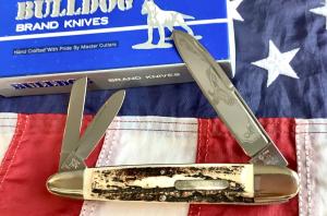 Bulldog Brand Anglo Saxon Whittler w Flying Eagle Blade Etch Super Stag Handles -NOS