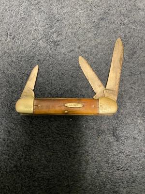 Vintage KA-BAR 1141 Three-Blade Pocket Knife SpearDropSheepsfoot Wood Handles Well-Worn Cond