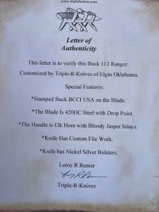 BUCK 112 RANGER ELK HORN WITH BLOODY JASPER INLAYS LEROY REMER CUSTOM KNIFE #2