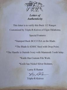 BUCK 112 RANGER OUTSIDE IVORY WITH MAMMOTH TOOTH INLAY LEROY REMER CUSTOM KNIFE #3