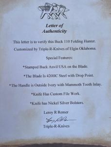 BUCK 110 FOLDING HUNTER OUTSIDE IVORY WITH MAMMOTH TOOTH INLAY LEROY REMER CUSTOM KNIFE #5