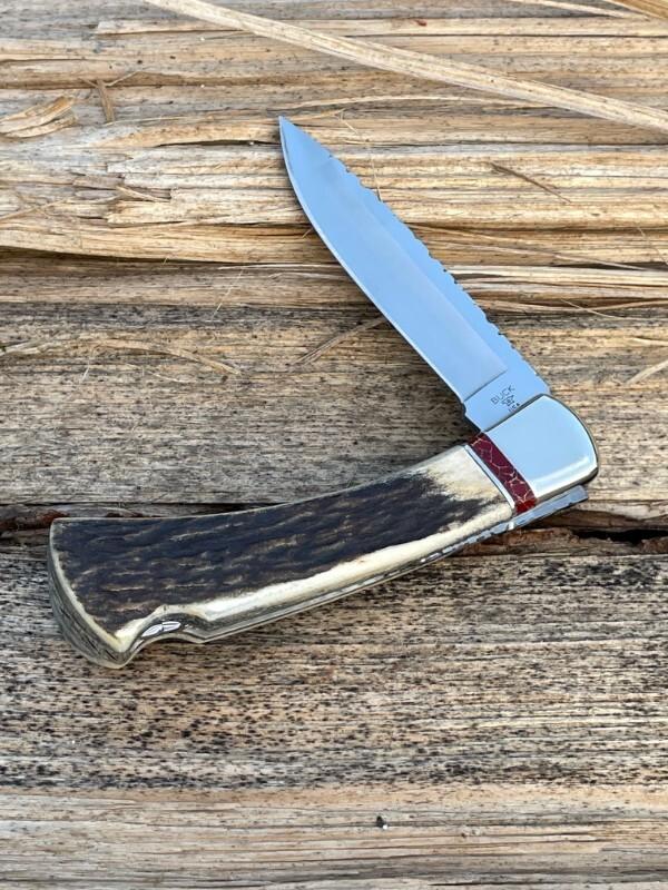 BUCK 110 FOLDING HUNTER ELK HORN WITH BLOODY JASPER INLAYS LEROY REMER CUSTOM KNIFE #7 BUCK 110 FOLDING HUNTER ELK HORN WITH BLOODY JASPER INLAYS LEROY REMER CUSTOM KNIFE #7