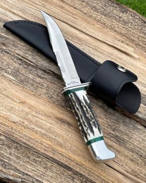 LEROY REMER BUCK 119 ALUMINUM GUARD AND BUTT SAMBAR STAG W/GREEN MALACHITE INLAYS #13
